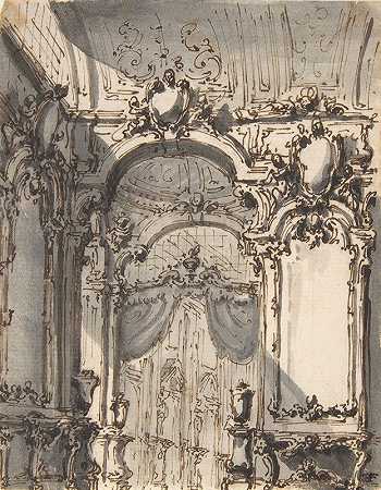 乔瓦尼·巴蒂斯塔·纳塔利三世（Giovanni Battista Natali III）的《舞台布景设计用大镜子和控制台桌子装饰的宫殿内部》