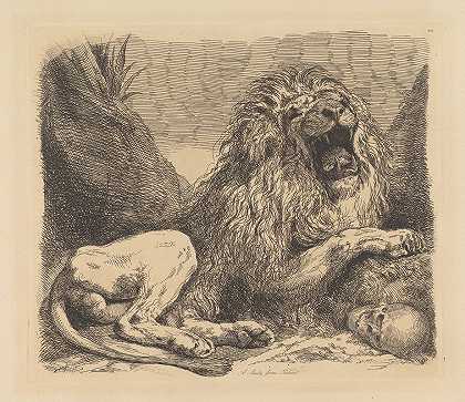 《来自大自然的研究》乔治·海特爵士（Sir George Hayter）在岩石间咆哮的狮子，右下角的人类头骨