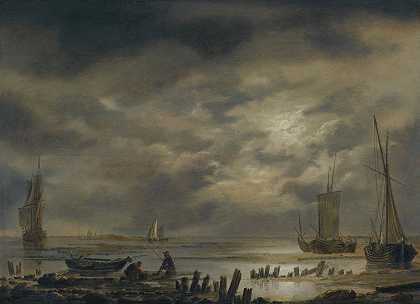 Hendrick Jacobsz的《月光海岸风景与渔民在前景》