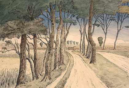 “田野风景。前景是一条有树木的道路，约翰·罗德（Johan Rohde）