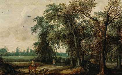 Willem van den Bundel的《森林风景与猎人》