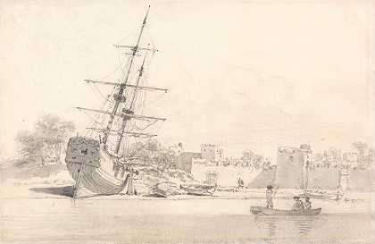威廉·亚历山大（William Alexander）的《一艘小型帆船停在一些加固建筑物下面的海岸上》