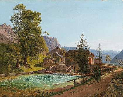 《萨尔茨坎默古特的流浪者》，格伦德西湖水坝与特劳恩河，背景在左边的Backenstein