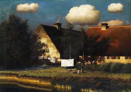 保罗·威廉·凯勒·鲁特林根（Paul Wilhelm Keller Reutlingen）《夏末阳光下的云层下的家园》