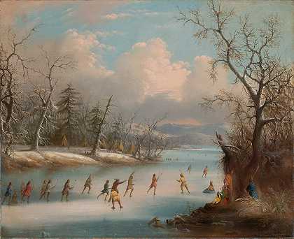 埃德蒙·C·科茨的《印第安人在冰上玩长曲棍球》