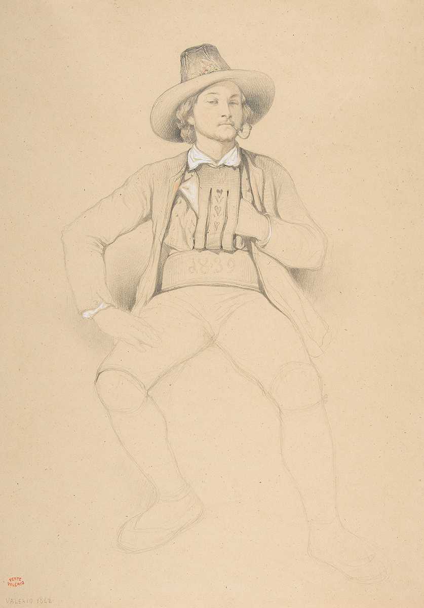Théodore Valerio的《一个穿着蒂罗尔服装的男人，坐着抽烟斗》