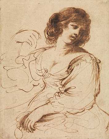 Guercino的《一个坐着的年轻女人回头看》