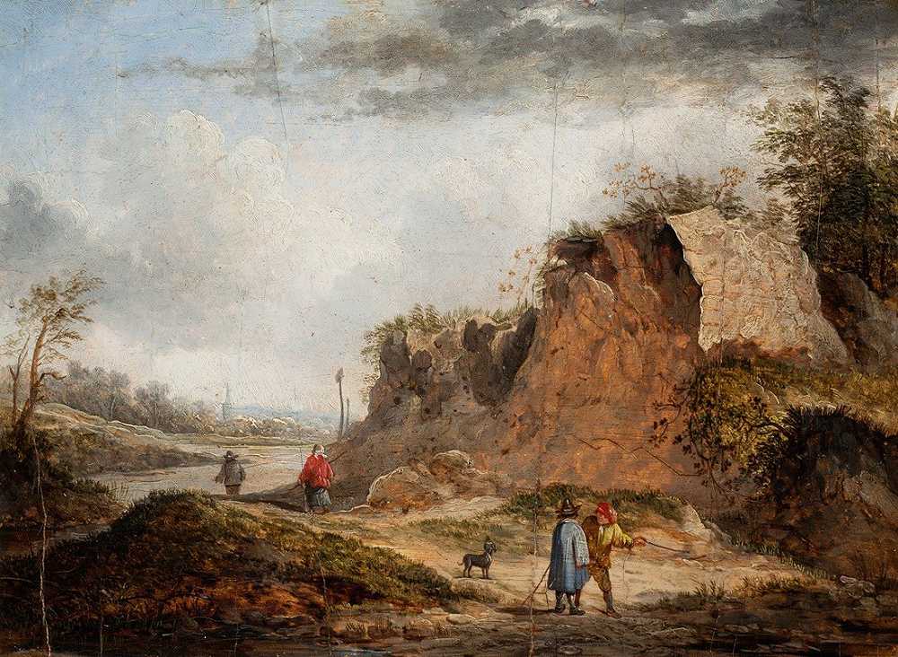 Rocky Landscape with Travelers on a Path and Two Figures Conversing in the Foreground-