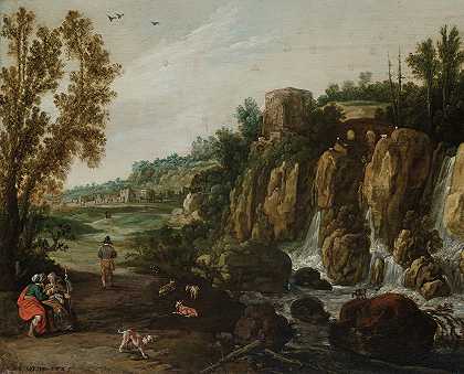 Esaias van de Velde的《瀑布和露丝与波阿斯的岩石风景》