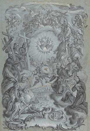 “一幅正面画的研究围绕基督圣心和圣母玛利亚的三位一体和圣徒，维图斯·费利克斯·里格尔的《下面的海岸风景》