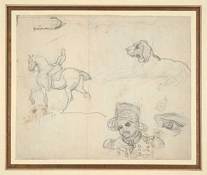 Théodore Géricault的《素描页》（马术、狗、士兵头像）