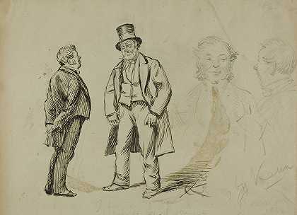 查尔斯·塞缪尔·基恩的《两个站立的人和两个门廊的素描》