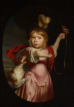 尼古拉斯·梅斯（Nicolas Maes）的《一个穿着古典服装的男孩与一只金雀和一只西班牙猎犬的肖像》
