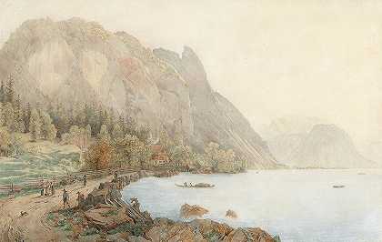 托马斯·恩德（Thomas Ender）的《阿太塞湖的主题》（Motif of Lake Attersee），带有Höllengebirge和具象楼梯