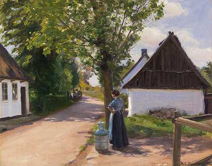 Hans Andersen Brendekilde的《与农民和送奶工的丹麦乡村公路》