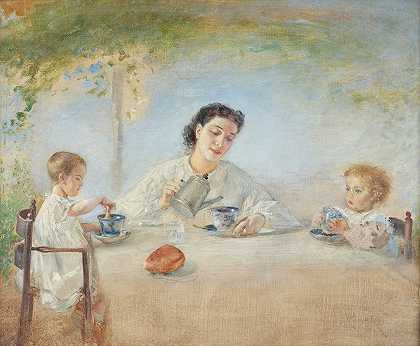 安东·罗马科的《艺术家的家人在早餐》