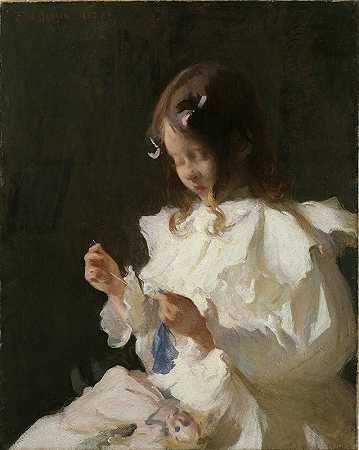 弗兰克·威斯顿·本森的《缝纫儿童肖像》
