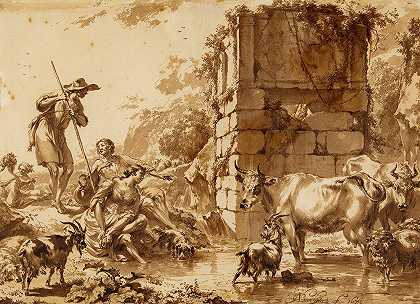 “牛在水槽里，有一个牧羊人和四个牧羊人（Lugt 5），作者：Nicolaes Pietersz.Berchem