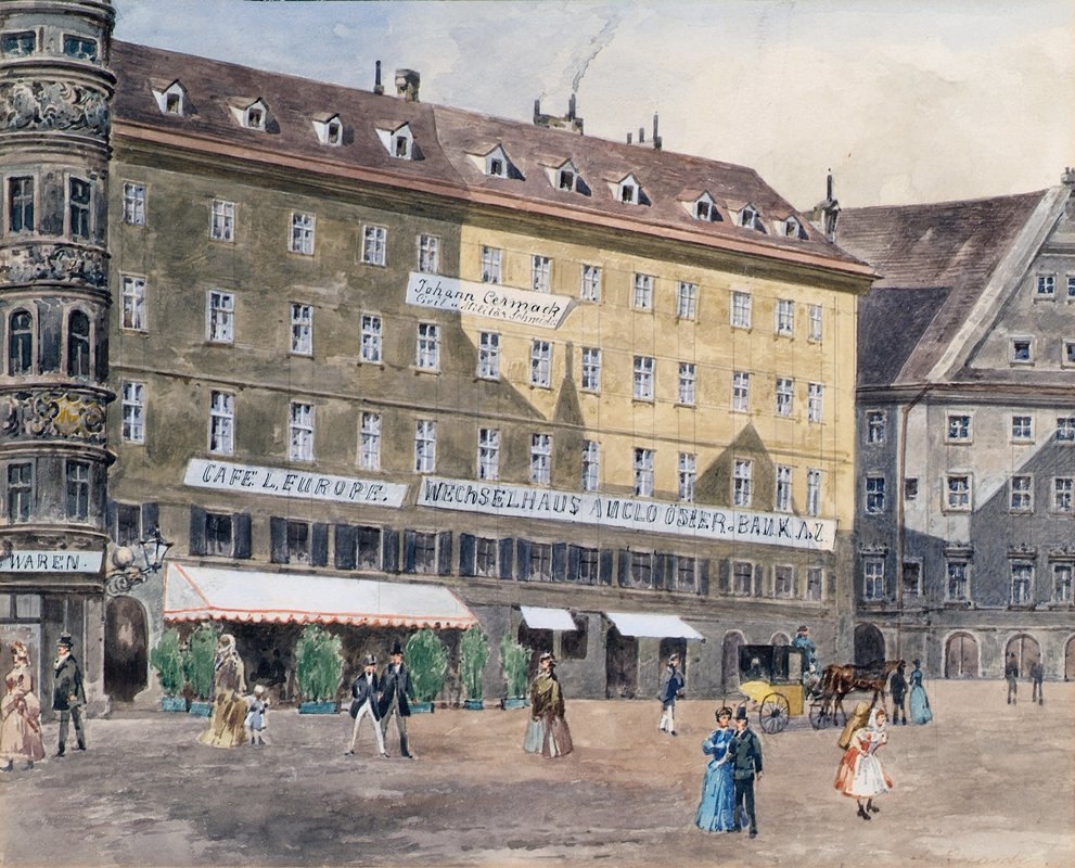 August Gerasch的《维也纳Stephansplatz上的前Brandstätte与欧洲咖啡馆》