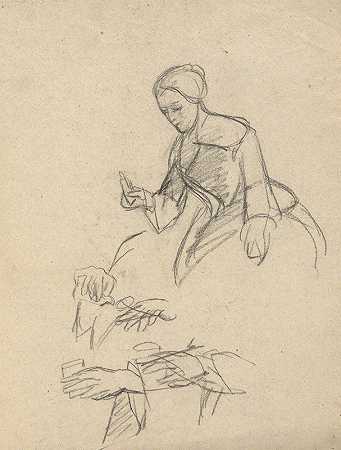 “坐着的女人，埃德温·怀特在五月花小屋签署契约的素描