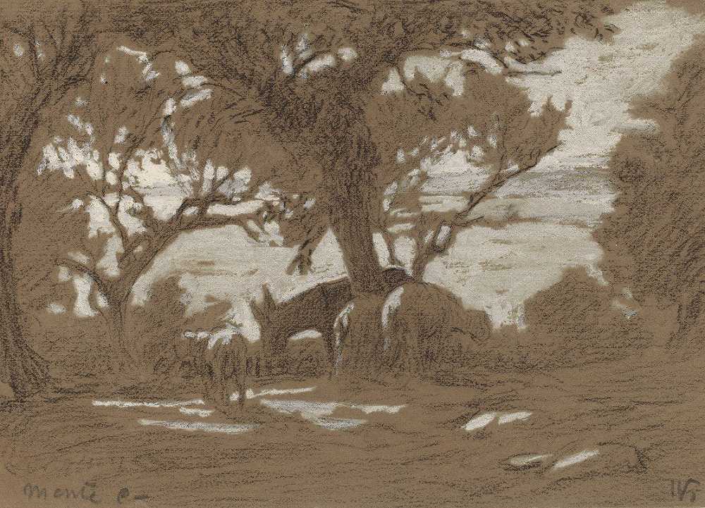 《科隆诺拉山——在特拉西梅诺湖放牧的绵羊》，作者：埃利胡·维德尔