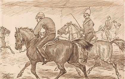 查尔斯·塞缪尔·基恩（Charles Samuel Keene）的《一所室内军事骑术学校，有一名教练教新兵小跑》