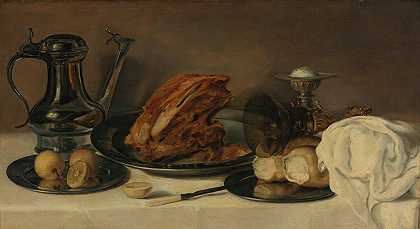 Franchoys Elaut的《用白布覆盖的桌子上的一个锡罐、一个锡盘子上的火腿、柠檬、面包、一个镀金的Roemer和其他物体的静物》