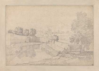 理查德·威尔逊（Richard Wilson）的《意大利风景，河流在左岸的高墙和右岸的高岸之间流向一座小城，岸边有人物》