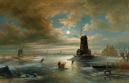 Elias Pieter van Bommel的《阿姆斯特丹郊外冬天的月夜》
