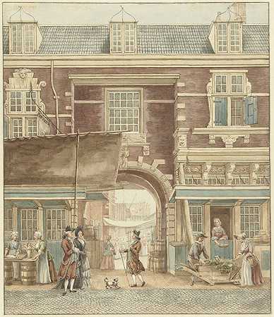 Hermanus Petrus Schouten的《De Kleine Vispoort op De Vijgendam与鱼类市场》