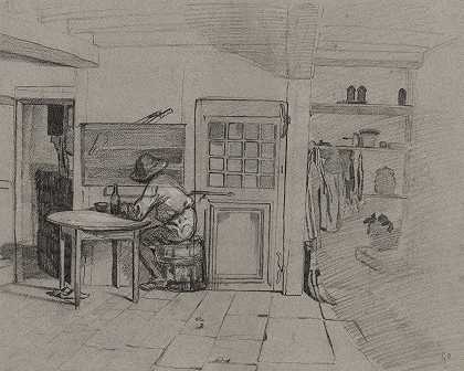 亚历山大·加布里埃尔·德坎普的《一个男孩坐在餐桌上的农舍内部》