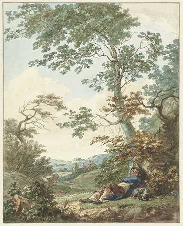 赫尔曼努曼（Hermanus Numan）的《在树下和狗睡觉的人》