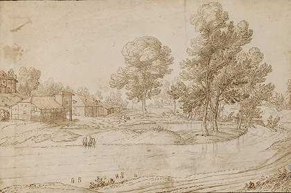 Pauwels van Hillegaert的《河岸上的房屋风景》