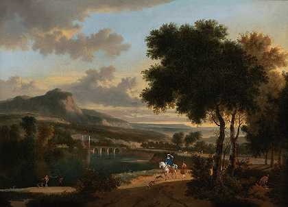 扬·哈克尔特（Jan Hackaert）的《一片广阔的风景，游客、渔民和赶牛者在一条有罗马桥的小路上》