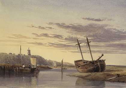 查尔斯·本特利（Charles Bentley）的《黑海港渔船，远处有风车》