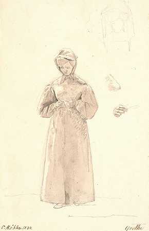“研究艺术家的姐姐塞西莉·玛格丽特，克里斯滕·科布克（Christen Købke）绘制了两幅她的头部、颈部、肩膀和右手的草图