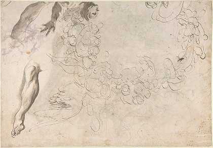 Paolo Pagani的《左臂抬起、一条腿、放着树叶的人物研究》
