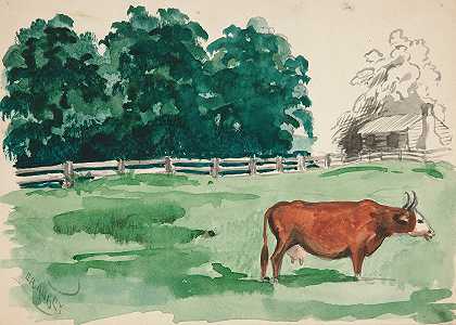 Edwin Austin Abbey的前景为奶牛的牧场场景