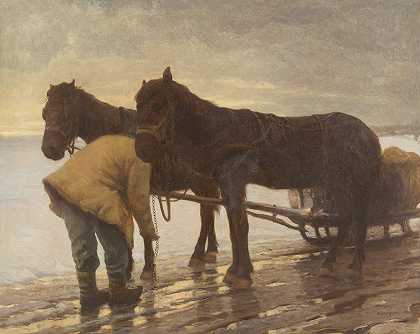 阿尔伯特·斯塔古拉（Albert Stagura）的《冬季风景中骑着马车的农民》