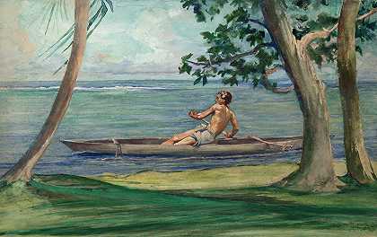 约翰·拉法奇的《独木舟男孩从我们的房子前经过，萨摩亚，维亚拉》