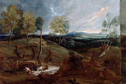 安东尼·范戴克（Anthony van Dyck）的《日落风景与牧羊人及其羊群》（Sunset Landscape with a Shepherd and his Flock）