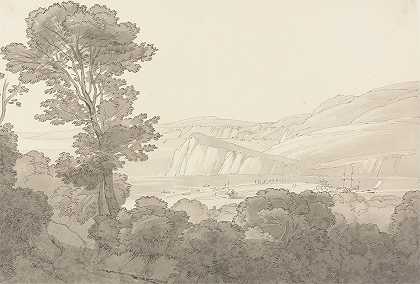 约翰·怀特·阿博特（John White Abbott）的《德文郡提格茅斯的森林风景，俯瞰河流和山丘》