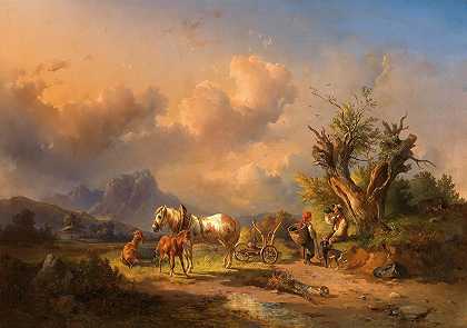 埃德蒙·马尔克内特（Edmund Mahlknecht）的《一个农民与放牧动物和一匹小马驹一起休息》