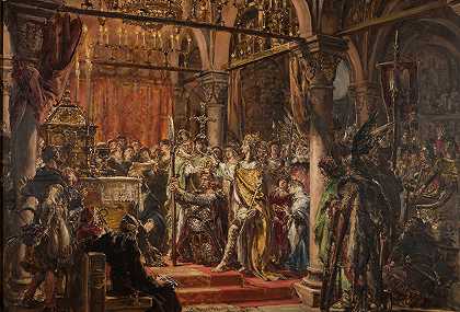 “第一任国王加冕，公元1001年，摘自扬·马特伊科的《波兰文明史》系列