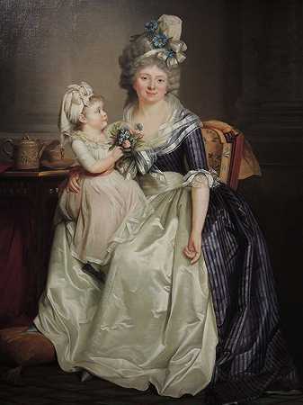 “画像一个女人抱着女儿跪在地上，画布上的油画由Rose Adelaide Ducreux创作