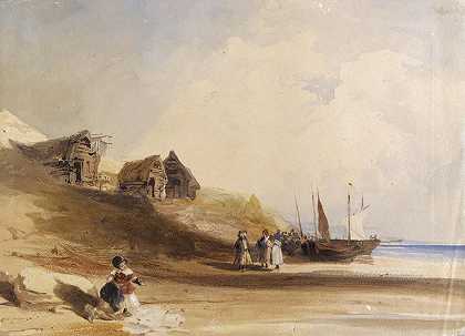 Thomas Shotter Boys的“法国海岸场景，包括人物、船只和渔棚