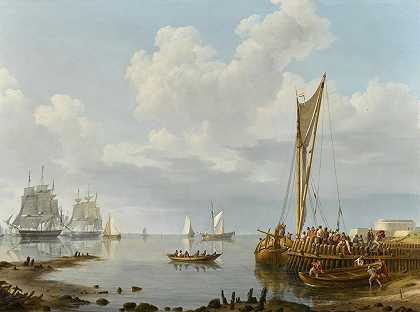 Johannes Hermanus Koekkoek的《平静河口的航运》
