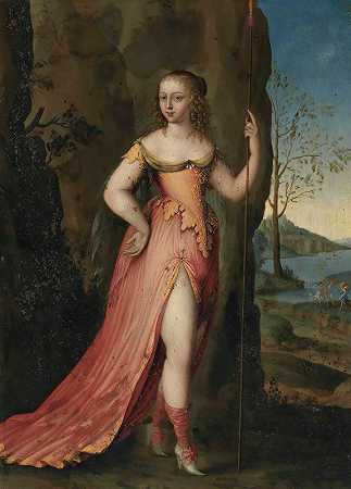 约瑟夫·维尔纳二世（Joseph Werner II）在岩石风景中描绘的一位女士的肖像，全身像戴安娜