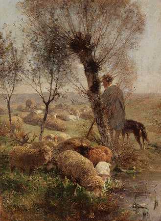 海因里希·冯·苏格尔（Heinrich Von Zügel）的《牧羊人和狗在水上的柳树下放牧》