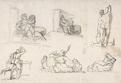 “六位数字研究，包括Théodore Géricault为《贫穷的意大利家庭》进行的四项研究
